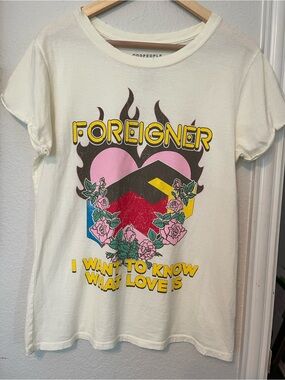 Foreigner Graphic Tee - White with Pink & Yellow Heart Design Size M PTP 19.5”